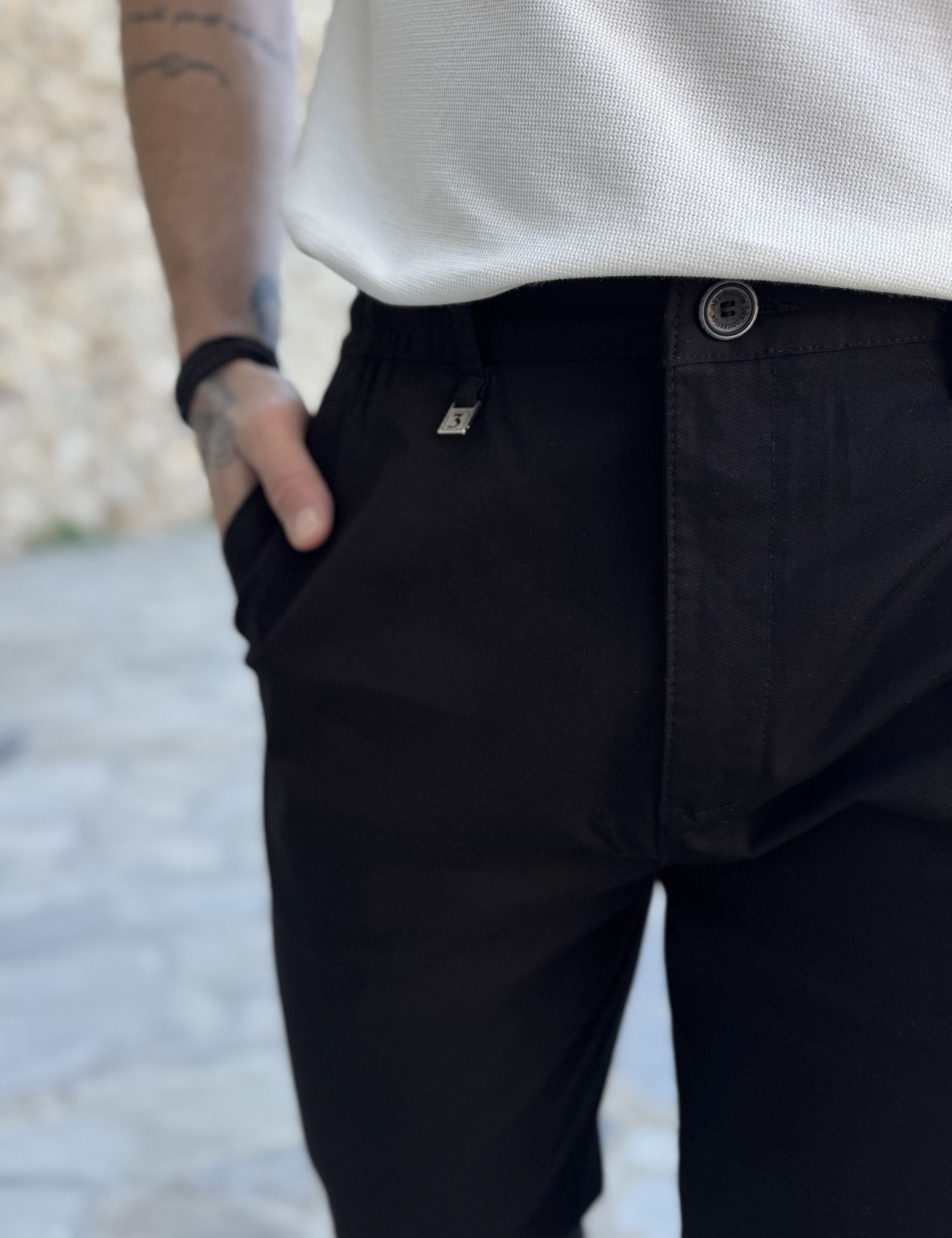Ανδρικό μαύρο υφασμάτινο chinos παντελόνι με λάστιχο JR0020M φωτογραφία